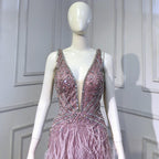 Rosa High Split Meerjungfrau Abendkleider Kleider 2025 Backless Luxus Perlen Feder Für Frauen Party LA71583