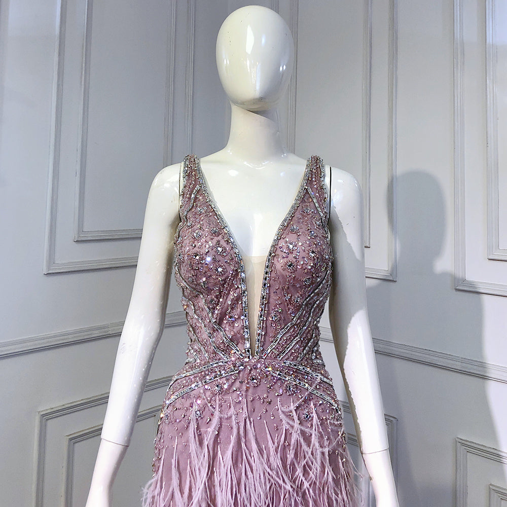 Rosa High Split Meerjungfrau Abendkleider Kleider 2025 Backless Luxus Perlen Feder Für Frauen Party LA71583