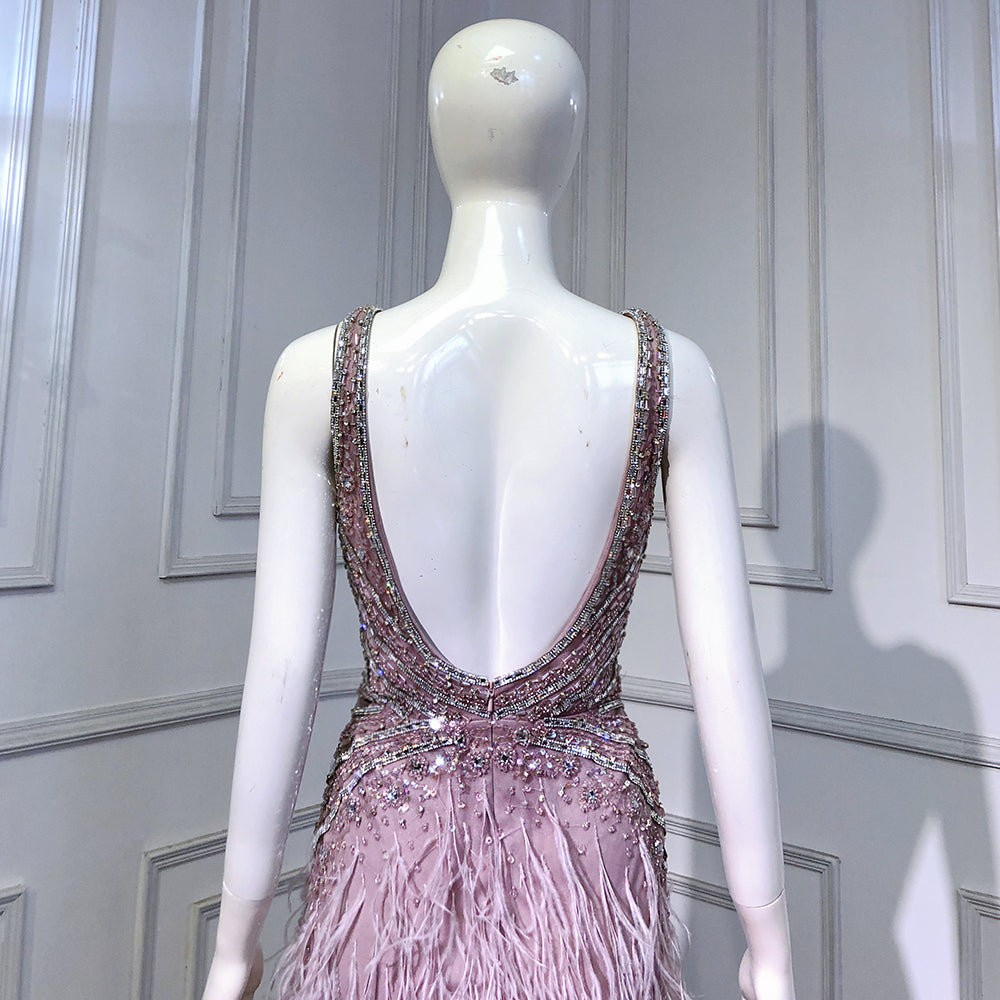Rosa High Split Meerjungfrau Abendkleider Kleider 2025 Backless Luxus Perlen Feder Für Frauen Party LA71583