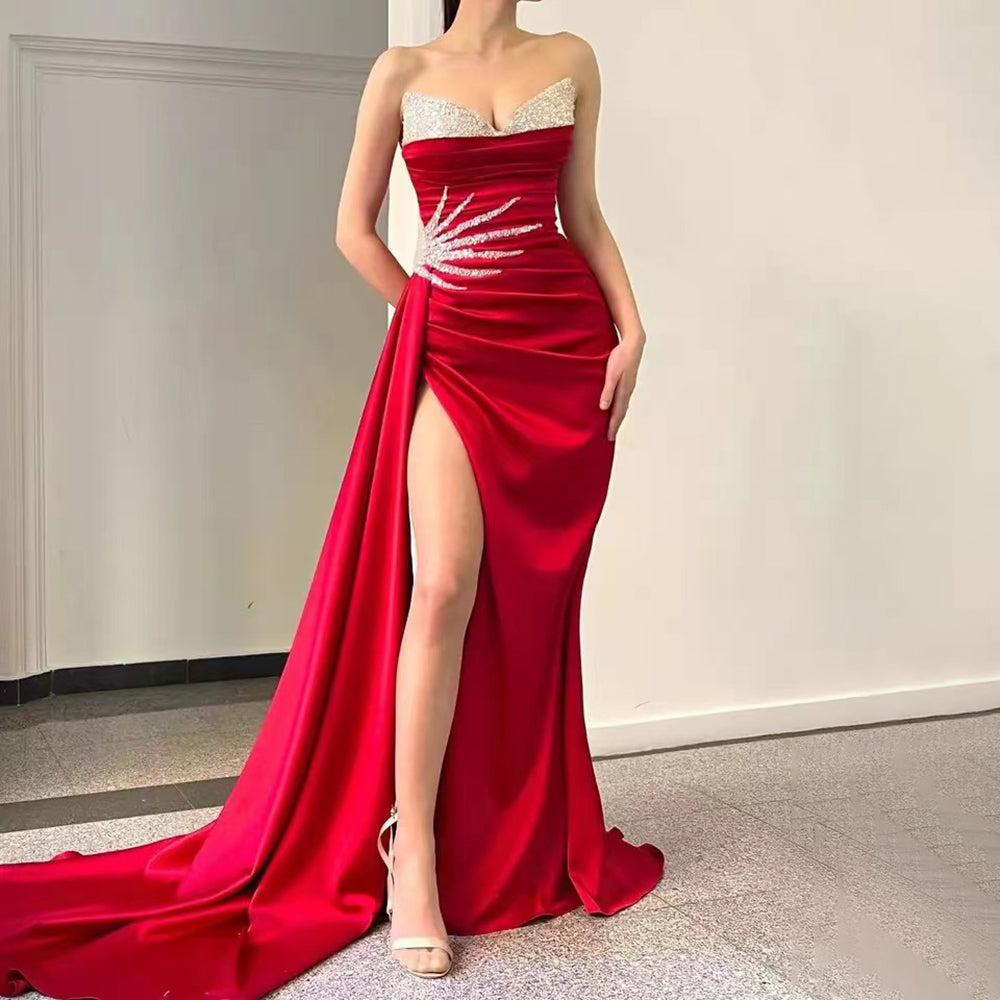 Vestido de noche rosa con sobrefalda alta y abertura, elegante, de satén con cuentas, corte sirena, para mujer, fiesta, LA71615 
