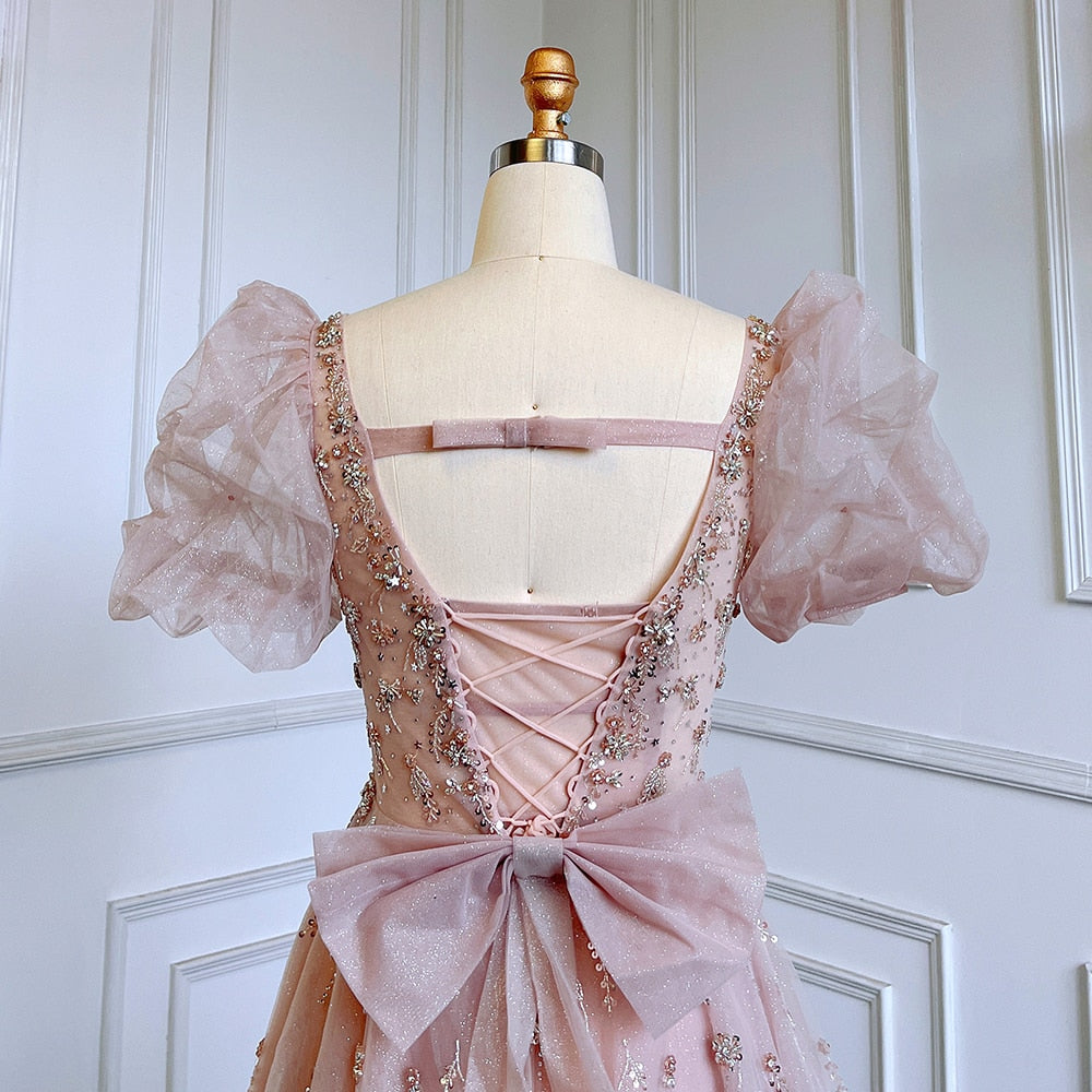Pink Luxury A Line Beaded Sexy Lace Up  Short Sleeves Evening Dresses Gowns 2025 For Women Party LA71773