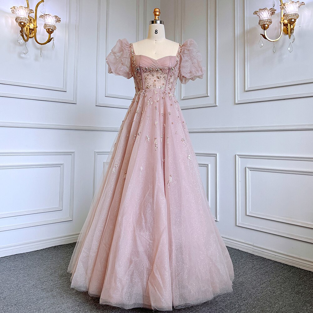 Pink Luxury A Line Beaded Sexy Lace Up  Short Sleeves Evening Dresses Gowns 2025 For Women Party LA71773