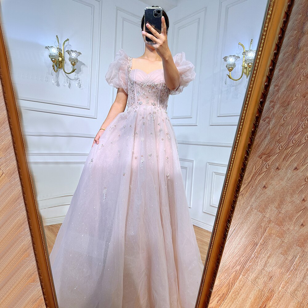 Pink Luxury A Line Beaded Sexy Lace Up  Short Sleeves Evening Dresses Gowns 2025 For Women Party LA71773
