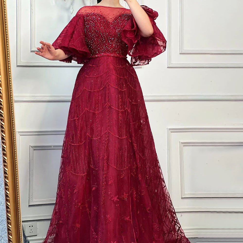 Vestidos de noche rosas de lujo, corte A, 2025, mangas acampanadas, con cuentas, para mujer, fiesta, LA71600 