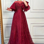 Vestidos de noche rosas de lujo, corte A, 2025, mangas acampanadas, con cuentas, para mujer, fiesta, LA71600 