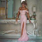 Vestidos de noche rosas de lujo con cuentas, vestidos de fiesta 2025 con abertura alta, sexys y elegantes para mujer LA71256 