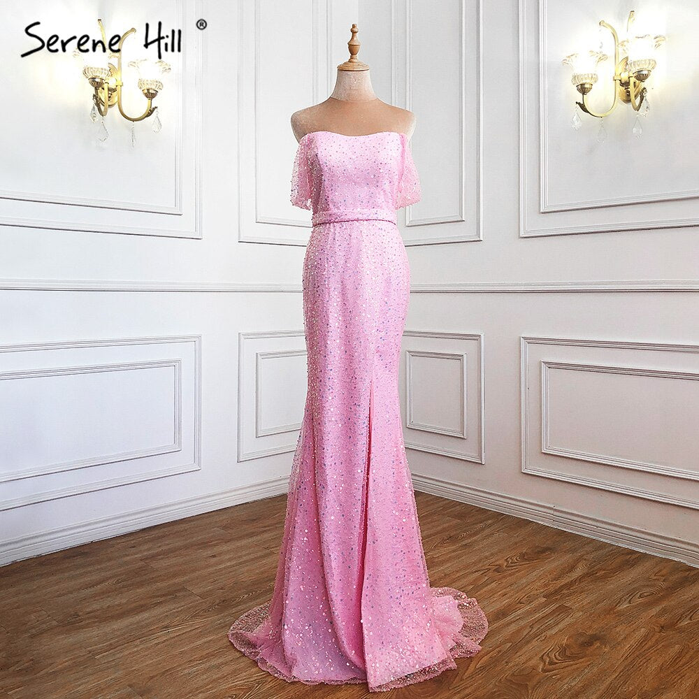 Vestidos de noche rosas de lujo con cuentas, vestidos de fiesta 2025 con abertura alta, sexys y elegantes para mujer LA71256 