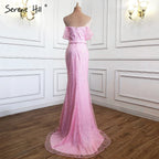 Vestidos de noche rosas de lujo con cuentas, vestidos de fiesta 2025 con abertura alta, sexys y elegantes para mujer LA71256 