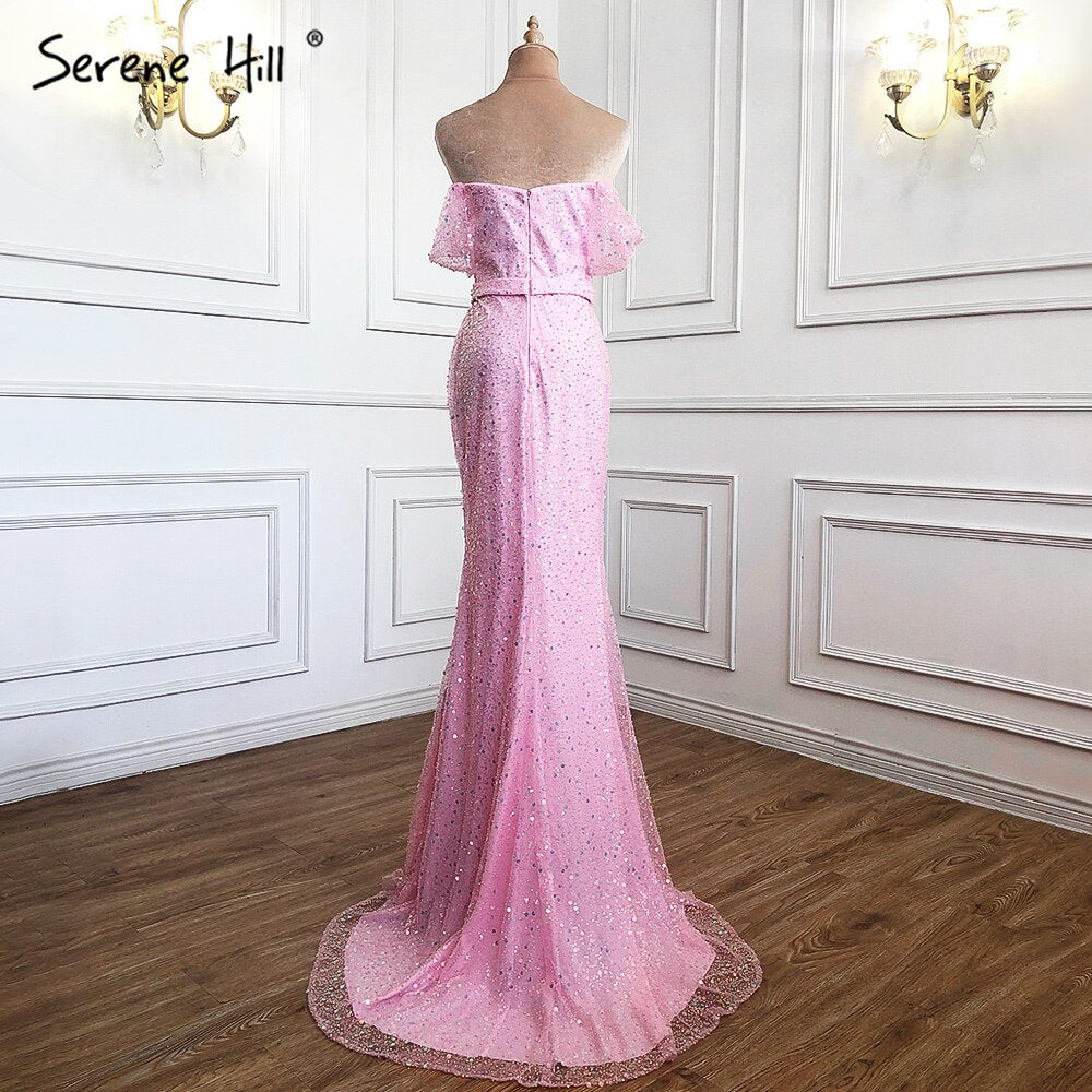 Vestidos de noche rosas de lujo con cuentas, vestidos de fiesta 2025 con abertura alta, sexys y elegantes para mujer LA71256 