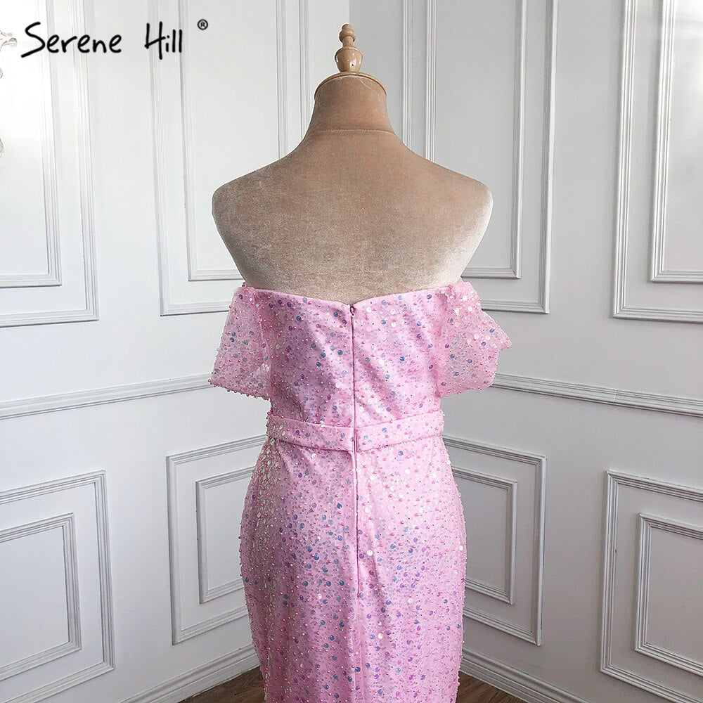 Vestidos de noche rosas de lujo con cuentas, vestidos de fiesta 2025 con abertura alta, sexys y elegantes para mujer LA71256 