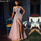 Vestidos de noche elegantes de sirena con cuentas y abertura alta en color rosa de lujo para mujer, fiesta LA71371 