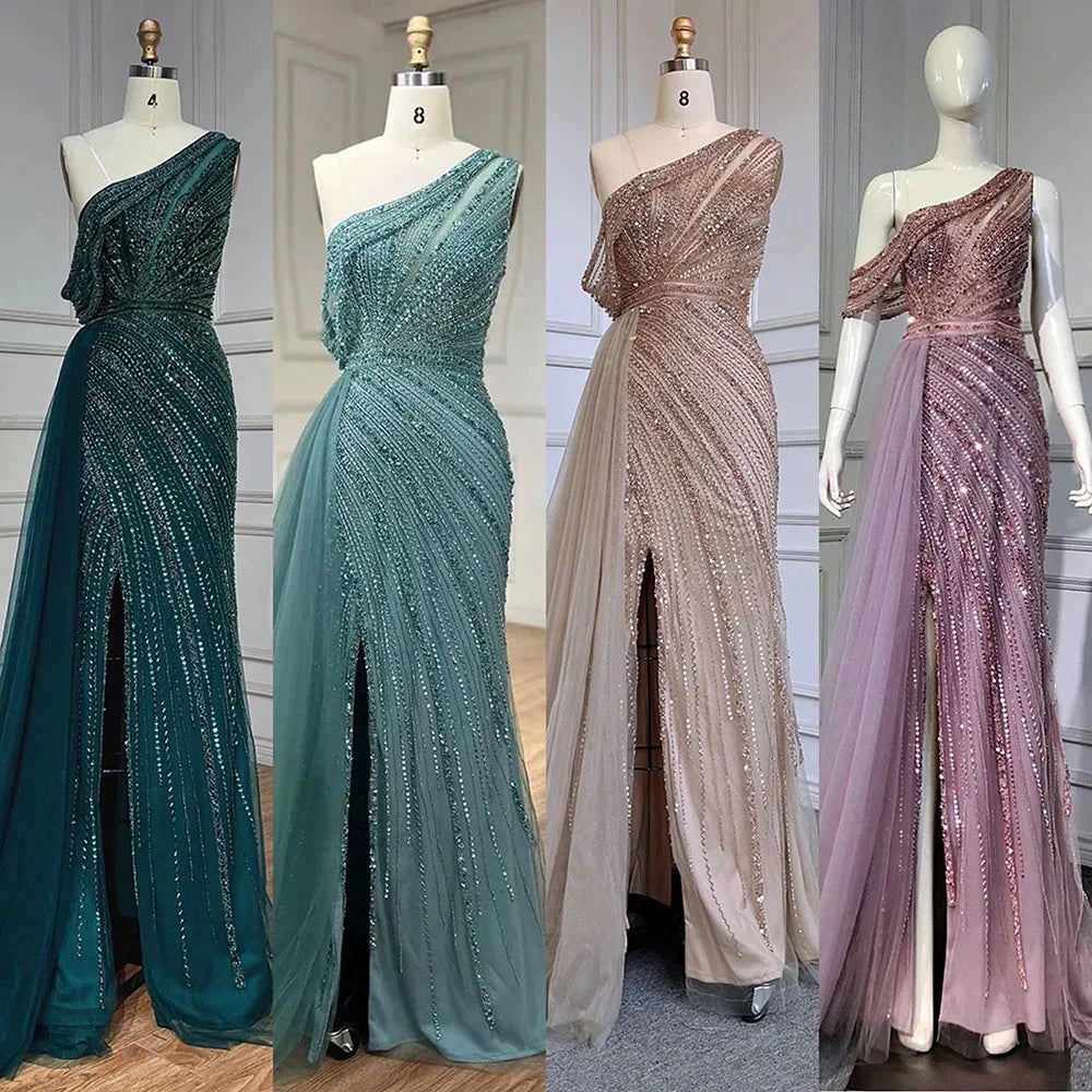 Vestidos de noche elegantes de sirena con cuentas y abertura alta en color rosa de lujo para mujer, fiesta LA71371 