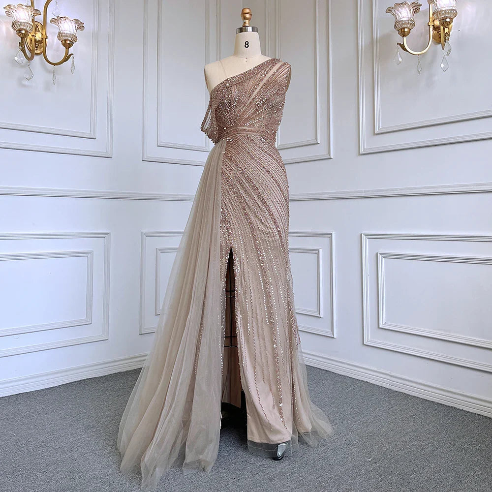 Vestidos de noche elegantes de sirena con cuentas y abertura alta en color rosa de lujo para mujer, fiesta LA71371 