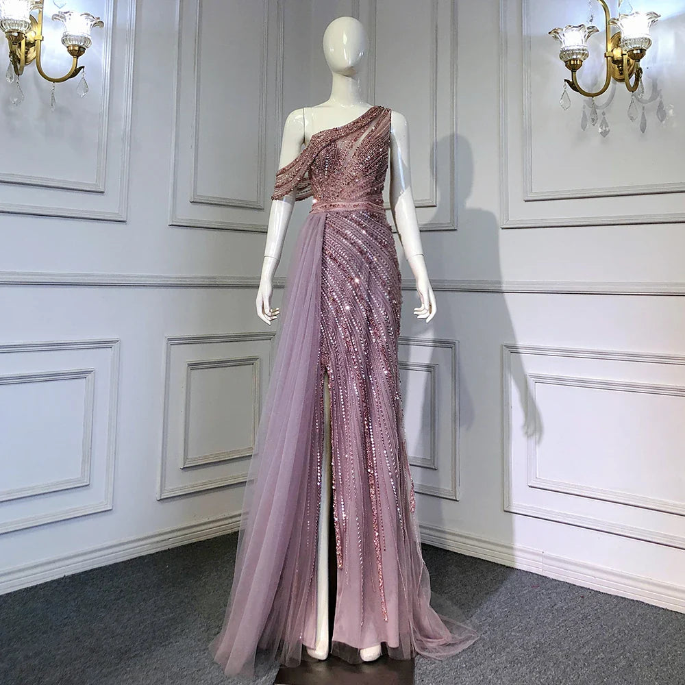 Vestidos de noche elegantes de sirena con cuentas y abertura alta en color rosa de lujo para mujer, fiesta LA71371 