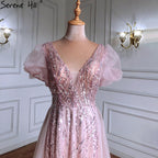 Pink Luxury Overskirt Evening Dresses Gowns 2025 Beaded Puffy Short Sleeves For Women Party LA71361