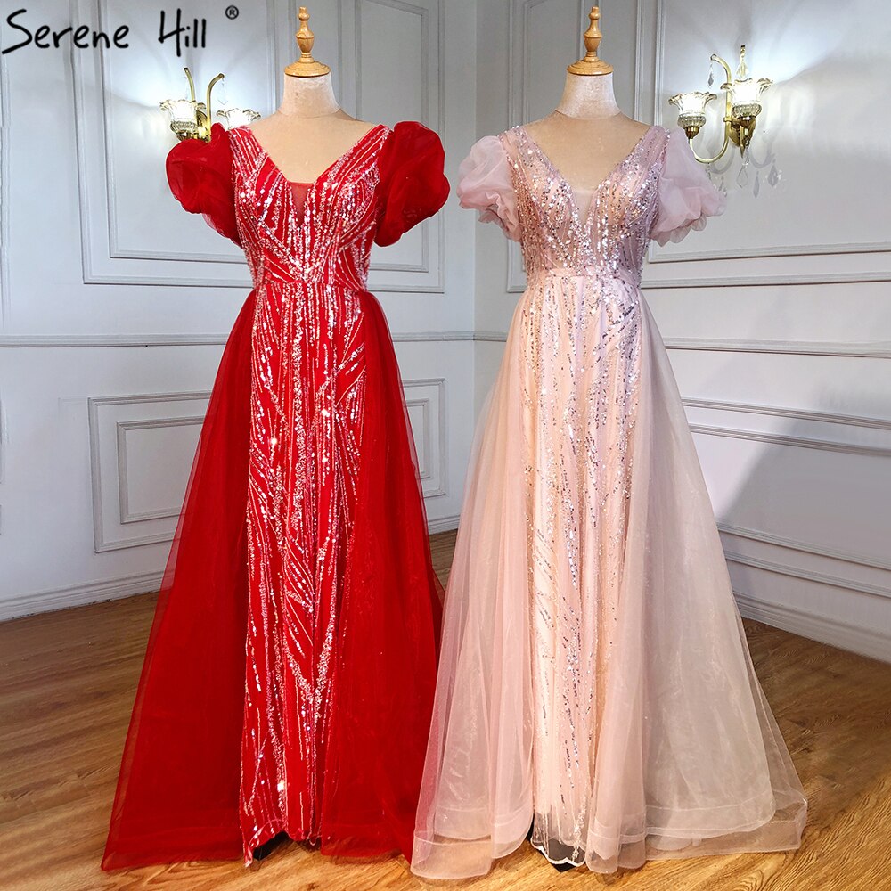 Pink Luxury Overskirt Evening Dresses Gowns 2025 Beaded Puffy Short Sleeves For Women Party LA71361