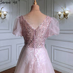 Pink Luxury Overskirt Evening Dresses Gowns 2025 Beaded Puffy Short Sleeves For Women Party LA71361
