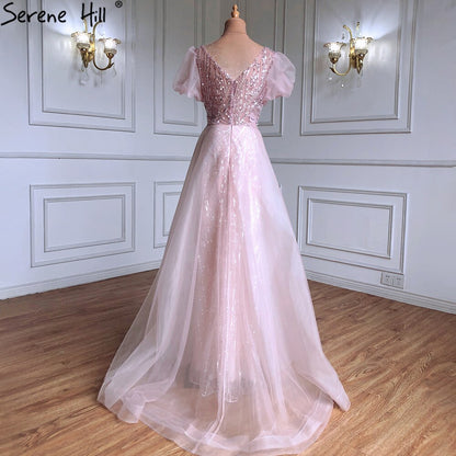 Pink Luxury Overskirt Evening Dresses Gowns 2025 Beaded Puffy Short Sleeves For Women Party LA71361