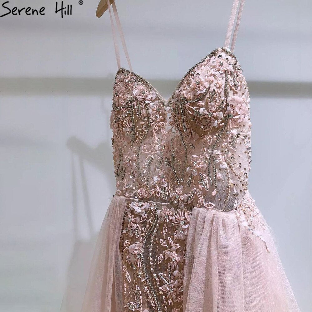 Vestido de noche rosa de lujo con sobrefalda, corte sirena, tirantes finos y cuentas, para mujer, fiesta, LA71216 