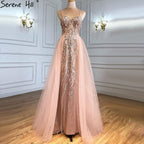 Vestido de noche rosa de lujo con sobrefalda, corte sirena, tirantes finos y cuentas, para mujer, fiesta, LA71216 