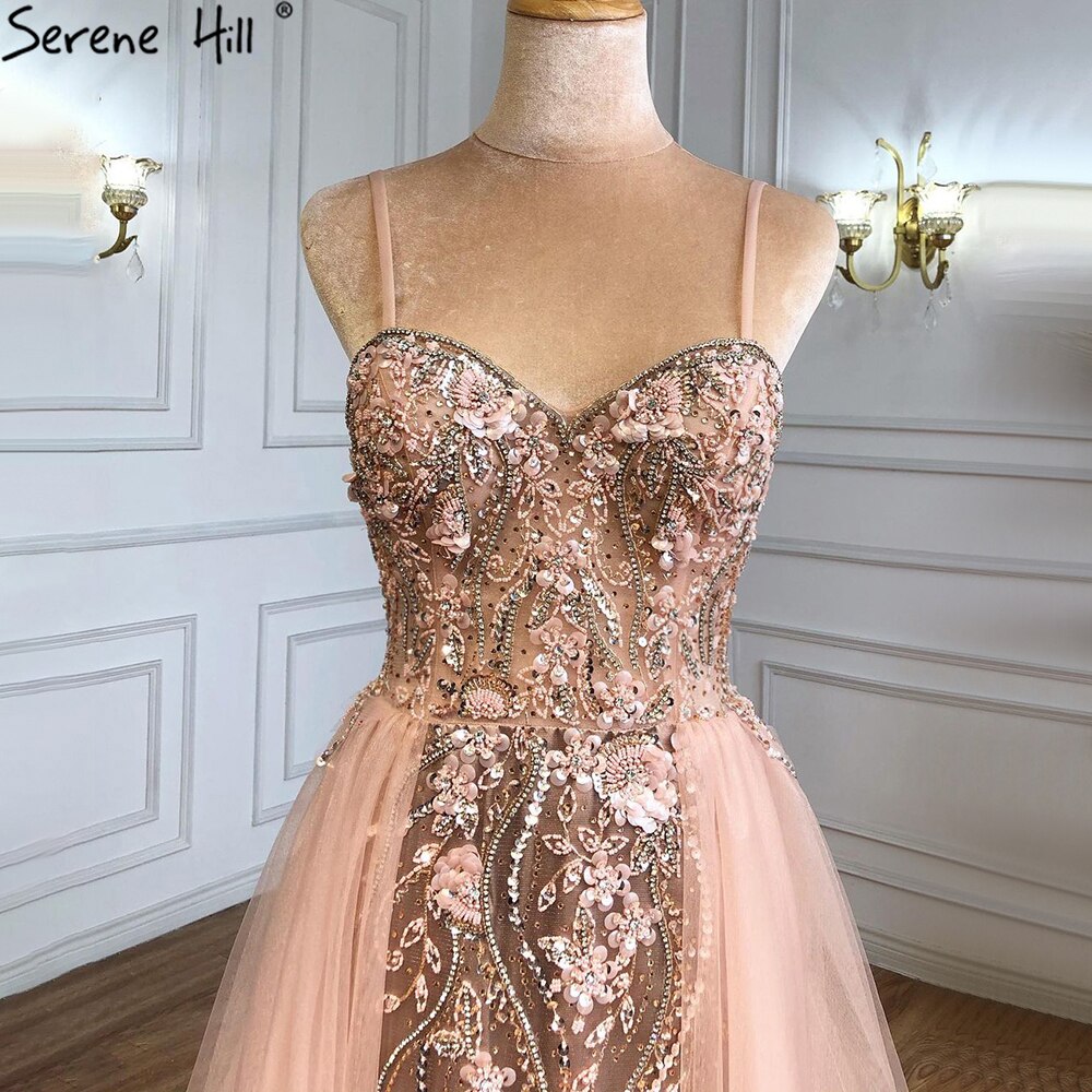 Vestido de noche rosa de lujo con sobrefalda, corte sirena, tirantes finos y cuentas, para mujer, fiesta, LA71216 