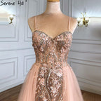 Vestido de noche rosa de lujo con sobrefalda, corte sirena, tirantes finos y cuentas, para mujer, fiesta, LA71216 