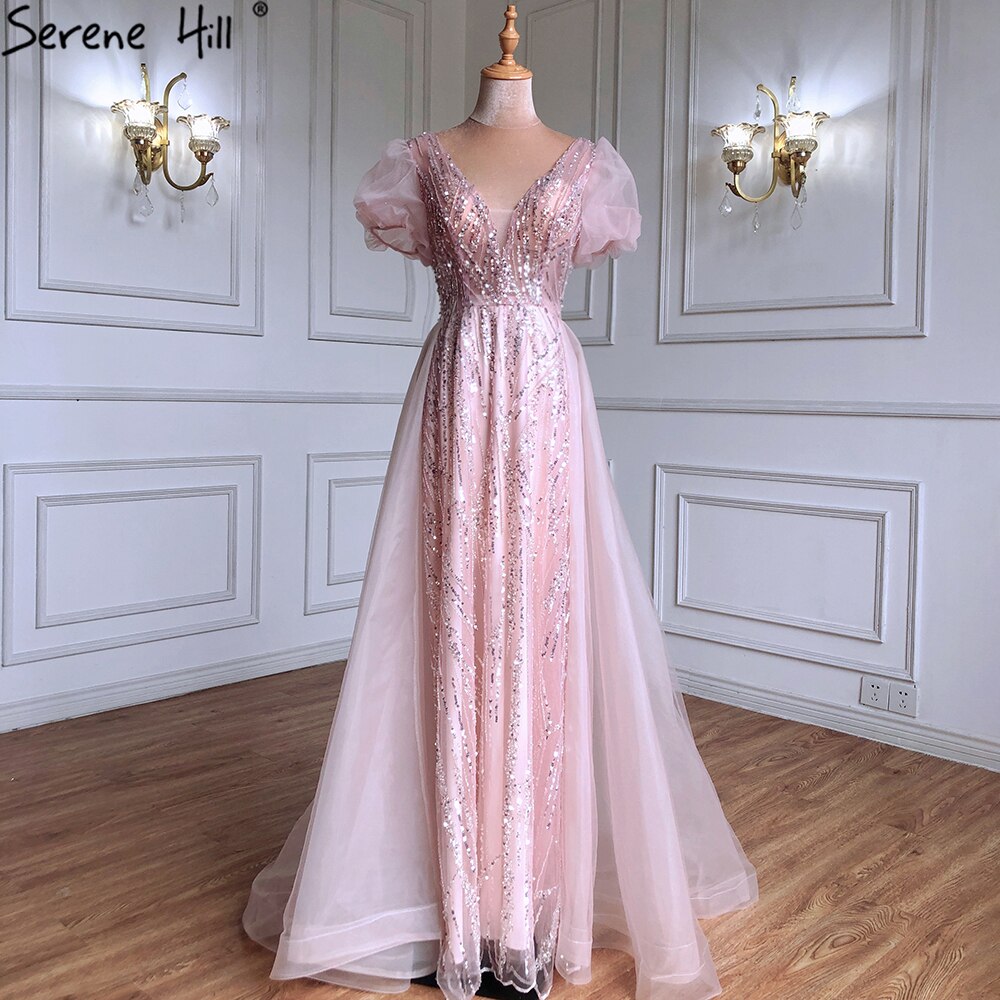 Vestidos de noche de lujo con sobrefalda rosa, con cuentas y mangas cortas abullonadas, 2025, para mujer, fiesta, LA71361 