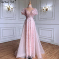 Vestidos de noche de lujo con sobrefalda rosa, con cuentas y mangas cortas abullonadas, 2025, para mujer, fiesta, LA71361 