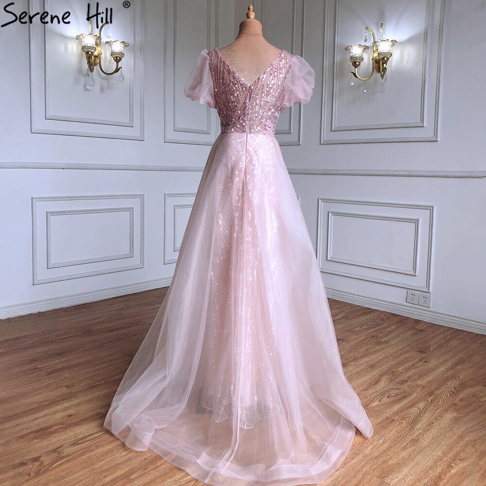 Vestidos de noche de lujo con sobrefalda rosa, con cuentas y mangas cortas abullonadas, 2025, para mujer, fiesta, LA71361 