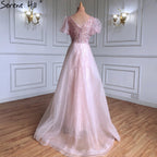 Vestidos de noche de lujo con sobrefalda rosa, con cuentas y mangas cortas abullonadas, 2025, para mujer, fiesta, LA71361 