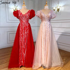 Vestidos de noche de lujo con sobrefalda rosa, con cuentas y mangas cortas abullonadas, 2025, para mujer, fiesta, LA71361 