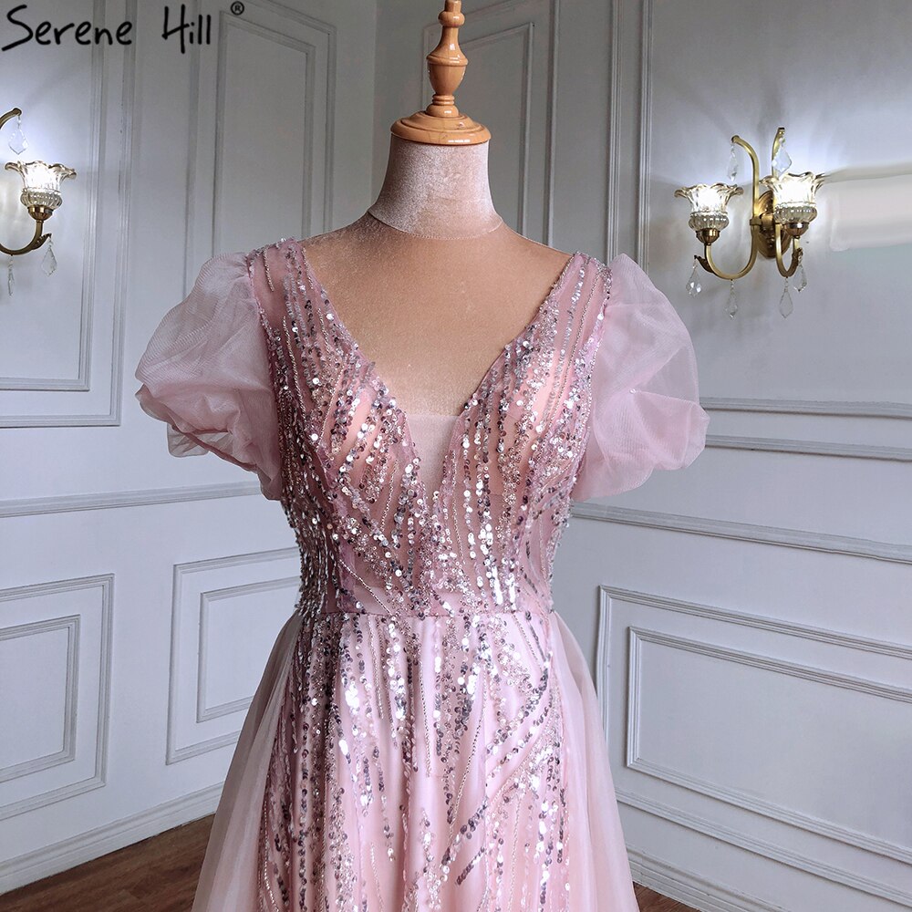 Vestidos de noche de lujo con sobrefalda rosa, con cuentas y mangas cortas abullonadas, 2025, para mujer, fiesta, LA71361 