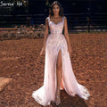Vestidos de noche de lujo de sirena rosa, elegantes vestidos de noche con cuentas y abertura alta para mujer, para fiesta LA71373 