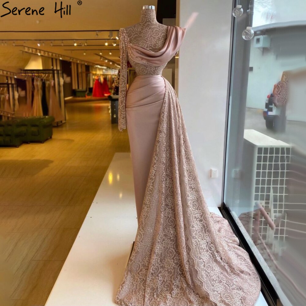 Rosa Meramid Eine Schulter Abendkleider Kleider 2025 Perlen Spitze Elegante Für Frauen Party LA71297 
