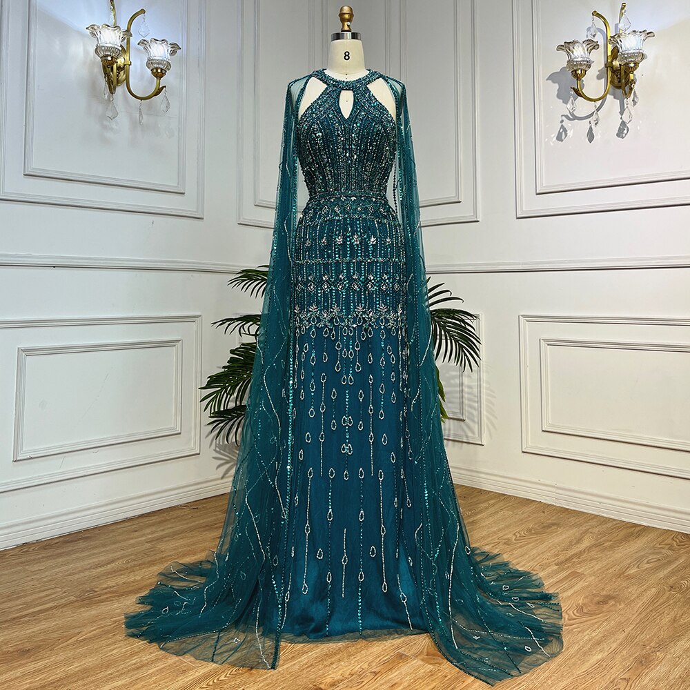 Luxuriöses Dubai Meerjungfrau-Abendkleid in Fuchsia mit Cape-Ärmeln LA71817
