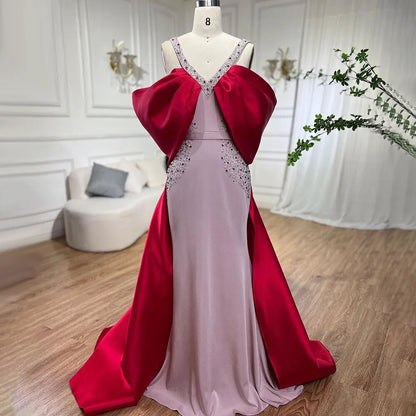 Luxuriöses arabisches rosa-burgunderrotes Meerjungfrau-Abendkleid mit Umhang LA72121
