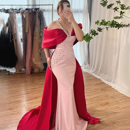 Luxuriöses arabisches rosa-burgunderrotes Meerjungfrau-Abendkleid mit Umhang LA72121