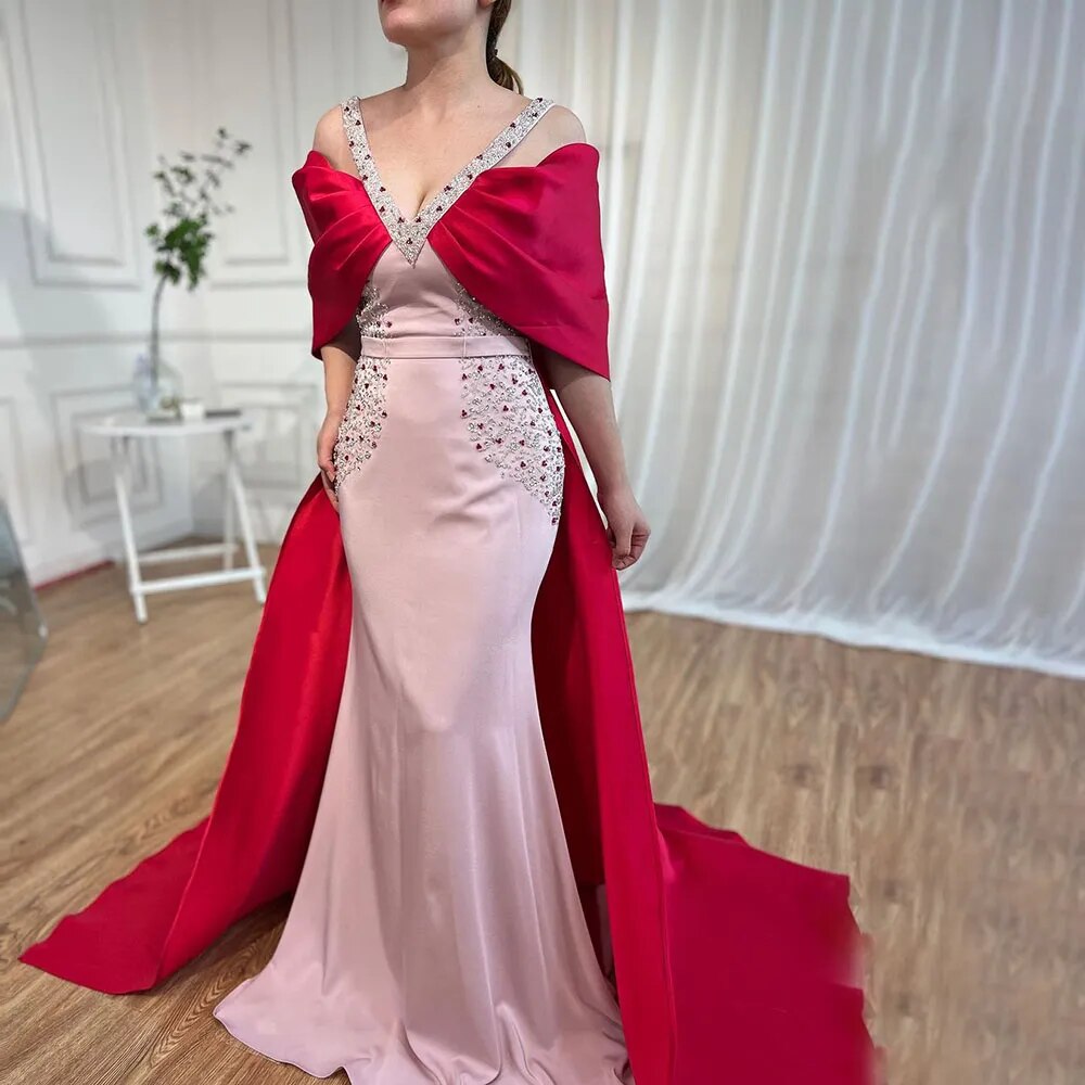 Luxuriöses arabisches rosa-burgunderrotes Meerjungfrau-Abendkleid mit Umhang LA72121