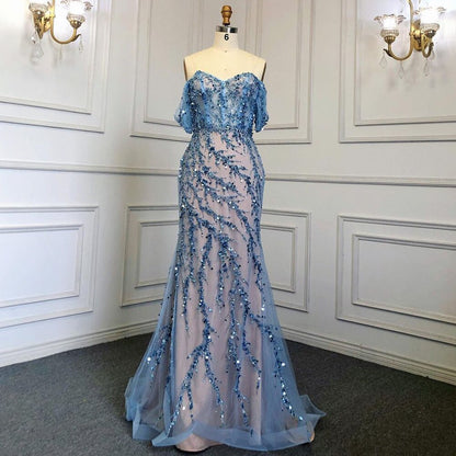 Pink Mermaid Elegant Sexy Off ShoulderEvening Dresses Gowns Luxury Beaded Off The Shoulder For Woman Party LA71653