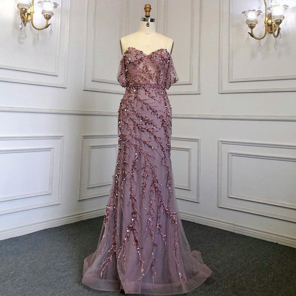 Rosa Meerjungfrau Elegante Sexy Off ShoulderEvening Kleider Kleider Luxus Perlen Weg Von Der Schulter Für Frau Party LA71653 