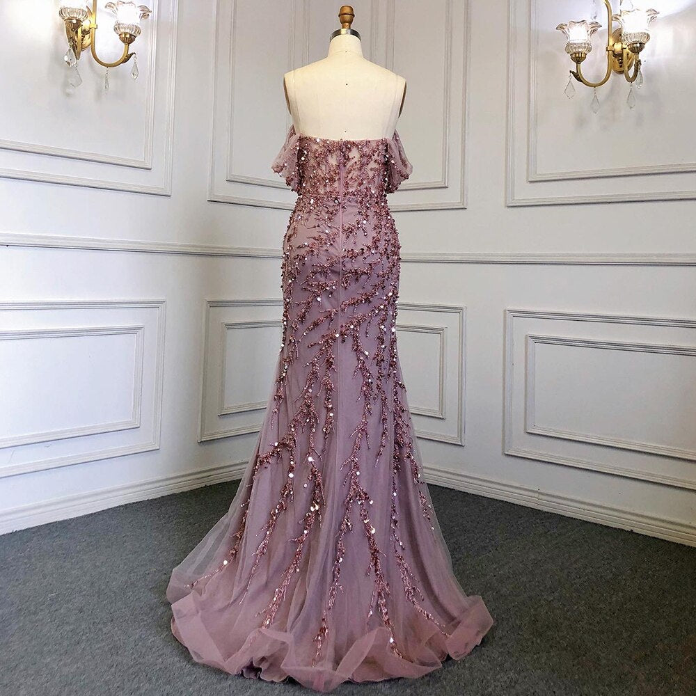 Rosa Meerjungfrau Elegante Sexy Off ShoulderEvening Kleider Kleider Luxus Perlen Weg Von Der Schulter Für Frau Party LA71653 