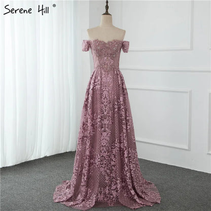 Pink Mermaid Elegant Short Sleeve Flowers Evening Dresses 2025 Dubai Sexy Off Shoulder Lace Crystal Gowns LA70200