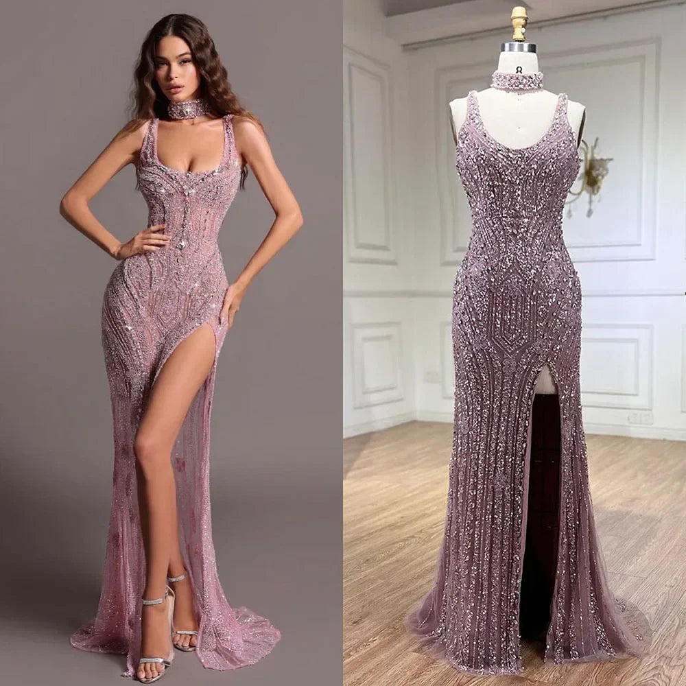 Rosa Meerjungfrau Elegante Ärmellose High Split Luxus Dubai Abendkleider Kleider Für Frauen Hochzeit Party 2025 LA72259 