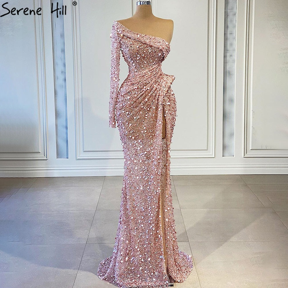 Rosa Meerjungfrau High Split Abendkleider Kleider 2025 Luxus Perlen Elegante Perlen Für Frauen Party LA71244 