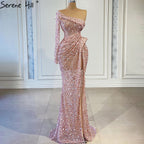 Rosa Meerjungfrau High Split Abendkleider Kleider 2025 Luxus Perlen Elegante Perlen Für Frauen Party LA71244 