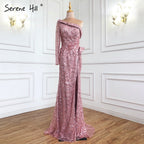 Rosa Meerjungfrau High Split Abendkleider Kleider 2025 Luxus Perlen Elegante Perlen Für Frauen Party LA71244 