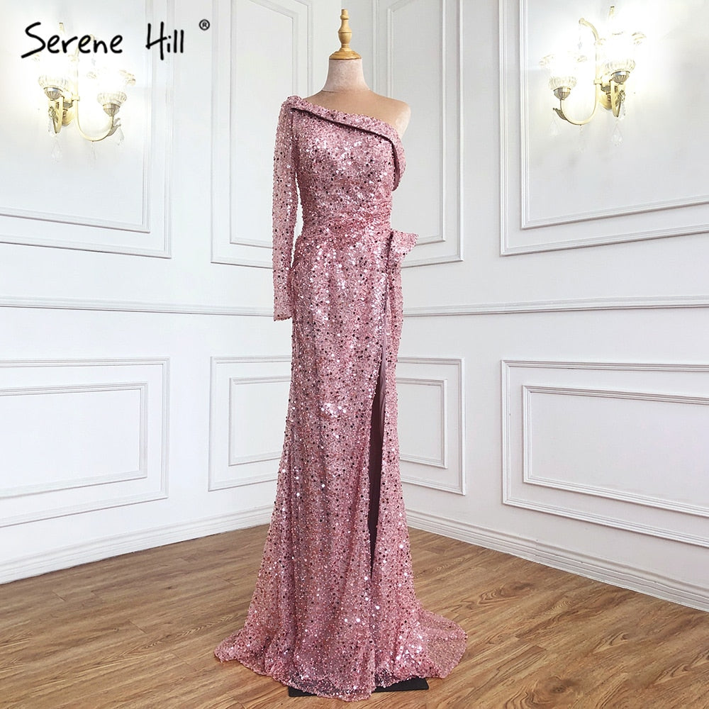 Rosa Meerjungfrau High Split Abendkleider Kleider 2025 Luxus Perlen Elegante Perlen Für Frauen Party LA71244 