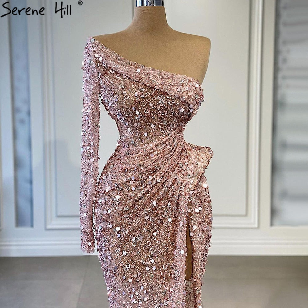 Rosa Meerjungfrau High Split Abendkleider Kleider 2025 Luxus Perlen Elegante Perlen Für Frauen Party LA71244 