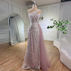 Pink Mermaid Overskirt Evening Dresses Gowns 2025 One Shoulder Beaded Elegant For Women Party LA71616