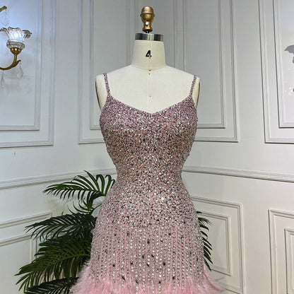 Pink Mermaid Sweatheart Spaghetti Strap Short Evening Dresses Beaded Feather Mini Gowns 2025 For Women Party LA72039